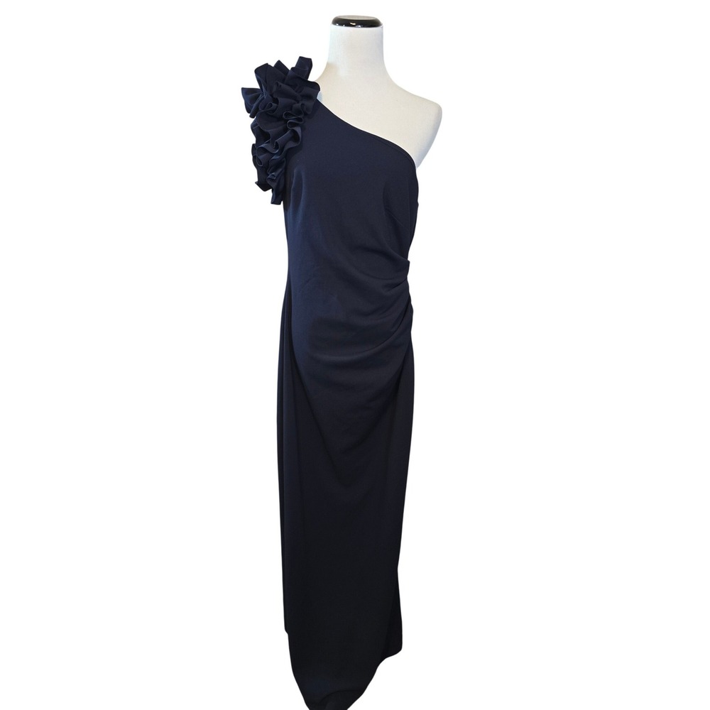 DJ Jaz Size 12 Navy One Shoulder Ruffle Gown Formal Evening Dress New